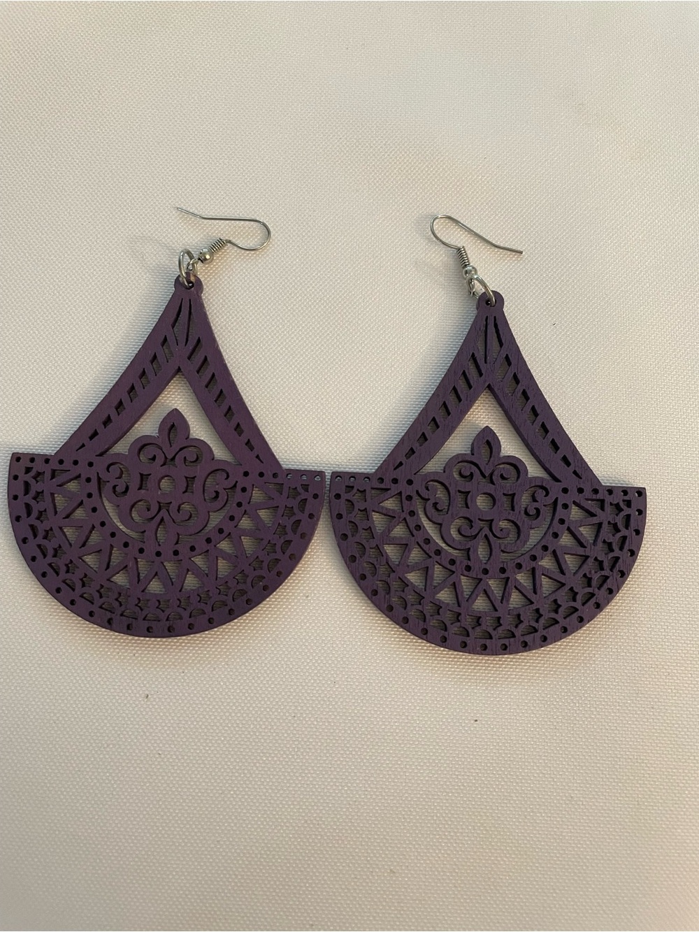 🔥 Purple Wooden Filigree Statement Earrings – Large Boho Dangle